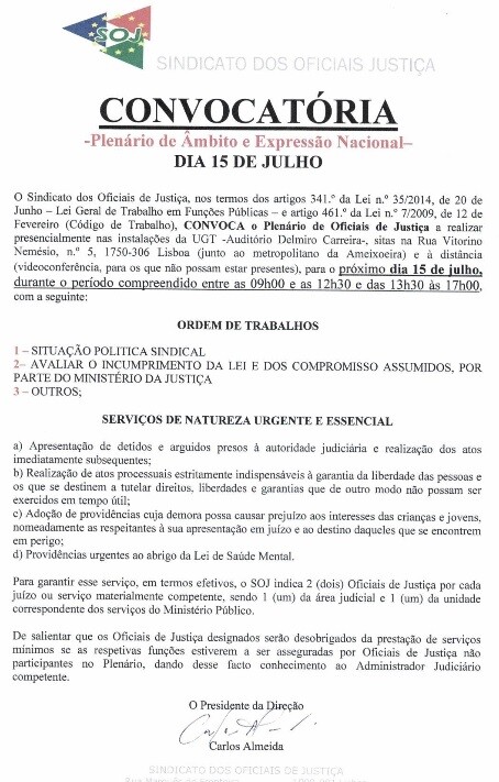 SOJ convoca Plenário Nacional para 15JUL