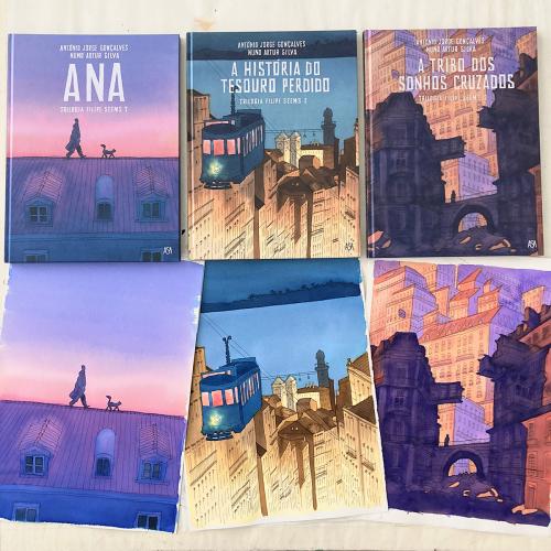 Os livros da trilogia de Filipe Seems, no atelier de António Jorge Gonçalves. Foto: https://www.antoniojorgegoncalves.com