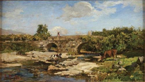 Jul01 Paisagem com rio, ponte e figuras-António da Silva Porto (1850-1893)