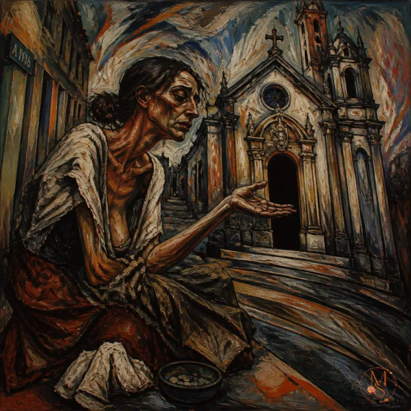 "Mendicidade à porta da igreja” - Mário Silva (IA)