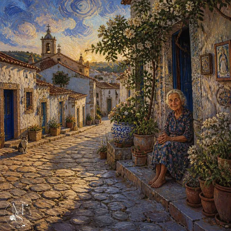 "Descansando à soleira de casa, depois da missa" – Mário Silva (IA)