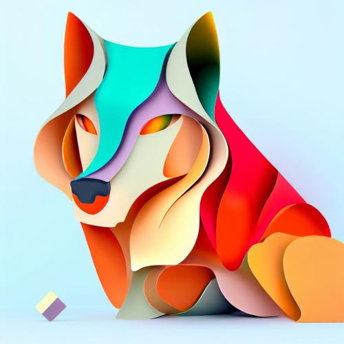 a wolf, minimalistic colorful organic forms, energy, assembled, layered, depth, alive vibrant, 3D, abstract, on a light blue background