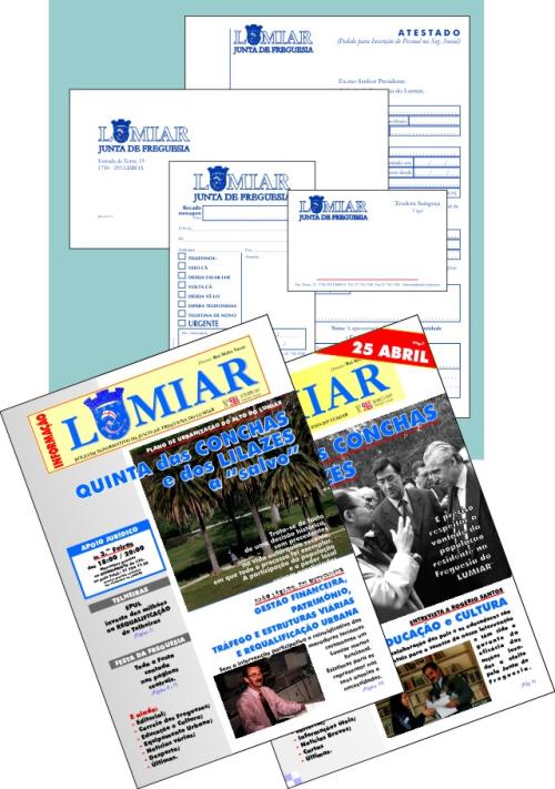 J. F. LUMIAR | Criação de Manual de Imagem Corporativa e sua aplicação nos diversos impressos e suportes gráficos: Papel de Carta (1ª e 2ª vias), Sobrescritos (DL / B4 / B5); Cartões (personalizados e de cumprimentos) e impressos e elementos de uso interno; Selos, Etiquetas, Blocos; Guias, Facturas, Recibos; Boletins Internos, Publicações. Criação de outras peças de comunicação: Folhetos técnicos; Revistas; Livros; Publicações; Cartazes. Sinalética. Frota Auto.