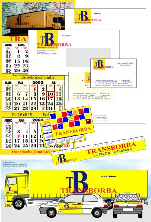 TRANSBORBA | Criação de Manual de Imagem Corporativa e sua aplicação nos diversos impressos e suportes gráficos: Papel de Carta (1ª e 2ª vias), Sobrescritos (DL / B4 / B5); Cartões (personalizados e de cumprimentos) e impressos e elementos de uso interno; Selos, Etiquetas, Blocos; Guias, Facturas, Recibos; Boletins Internos, Publicações. Criação de outras peças de comunicação: Catálogos/Folhetos técnicos; Revistas; Livros; Publicações; Cartazes; Anúncios. Sinalética. Frota Auto.