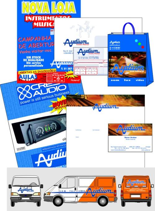 AUDIUM | Criação de Manual de Imagem Corporativa e sua aplicação nos diversos impressos e suportes gráficos: Papel de Carta (1ª e 2ª vias), Sobrescritos (DL / B4 / B5); Cartões (personalizados e de cumprimentos) e impressos e elementos de uso interno; Selos, Etiquetas, Blocos; Guias, Facturas, Recibos; Boletins Internos, Publicações. Criação de outras peças de comunicação: Catálogos/Folhetos técnicos; Revistas; Livros; Publicações; Cartazes; Anúncios. Sinalética. Frota Auto.
