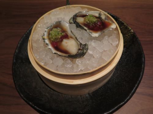 KUMAMOTO OYSTER ponzu watermelon pearls, cucumber mignonette KUMAMOTO OYSTER ponzu watermelon pearls, cucumber mignonette