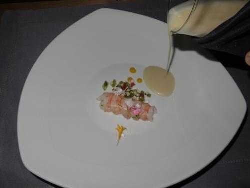Crayfish &agrave; la vanilla with celeriac, marrow soup, kaffir lime and bottarga