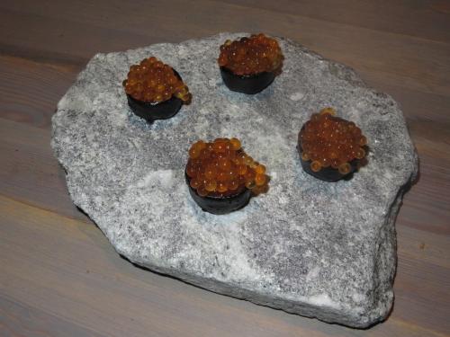 Wild trout roe served in a crust of dried pig&rsquo;s blood