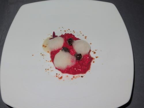 Brewer's yeast and Beet Risotto, sweet Gorgonzola and stewed Eel 