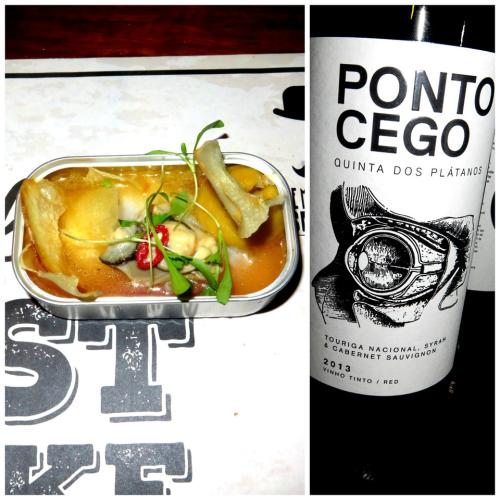 Ceviche de ostras, batata-doce e chips de macaxeira / Quinta dos Plátanos Ponto Cego Tinto 2013 Ceviche de ostras, batata-doce e chips de macaxeira / Quinta dos Plátanos Ponto Cego Tinto 2013