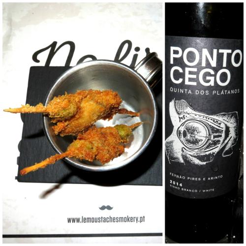 Espetadas de ostra com maionese de wasabi / Quinta dos Plátanos Ponto Cego Branco 2014 Espetadas de ostra com maionese de wasabi / Quinta dos Plátanos Ponto Cego Branco 2014