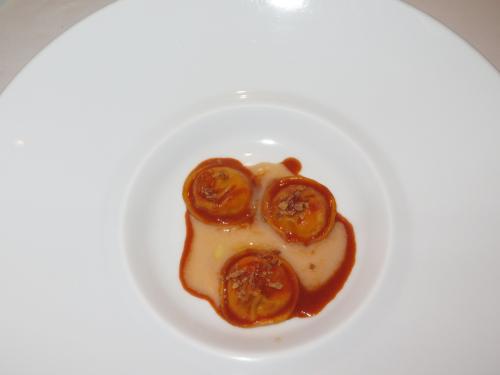 Monkfish ravioli with monkfish liver and rabbit &lsquo;a la cacciatora&rsquo; filtered sauces
