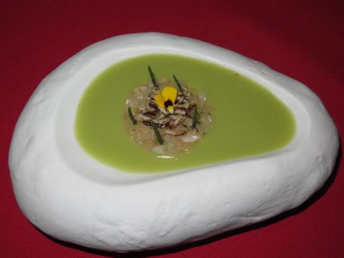 T&aacute;rtaro de l&iacute;rio sobre creme de am&ecirc;ndoa e gaspacho verde