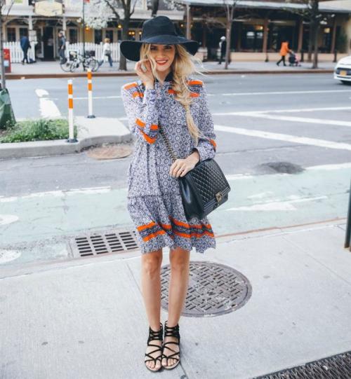 smock-dress-printed-boho-style-lace-up-flat-floppy-hat
